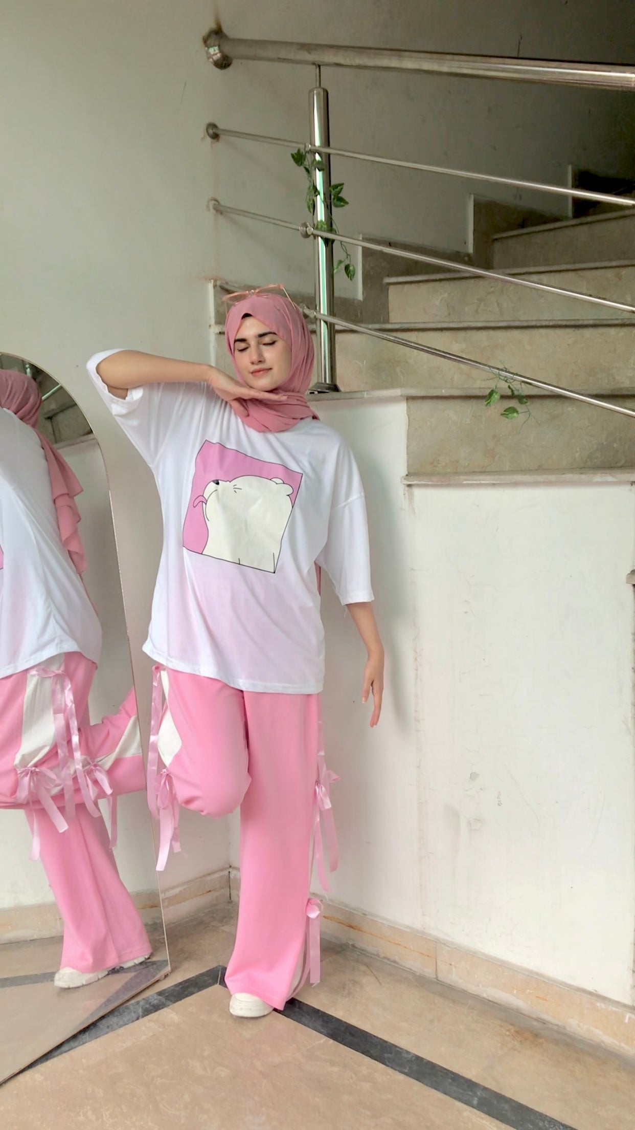 Sweet & Sassy - Polar Bear Tee And Pink Blush Bow-Tie Trouser Set