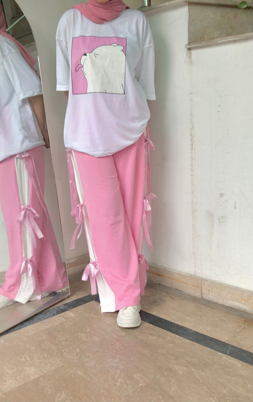 Sweet & Sassy - Polar Bear Tee And Pink Blush Bow-Tie Trouser Set