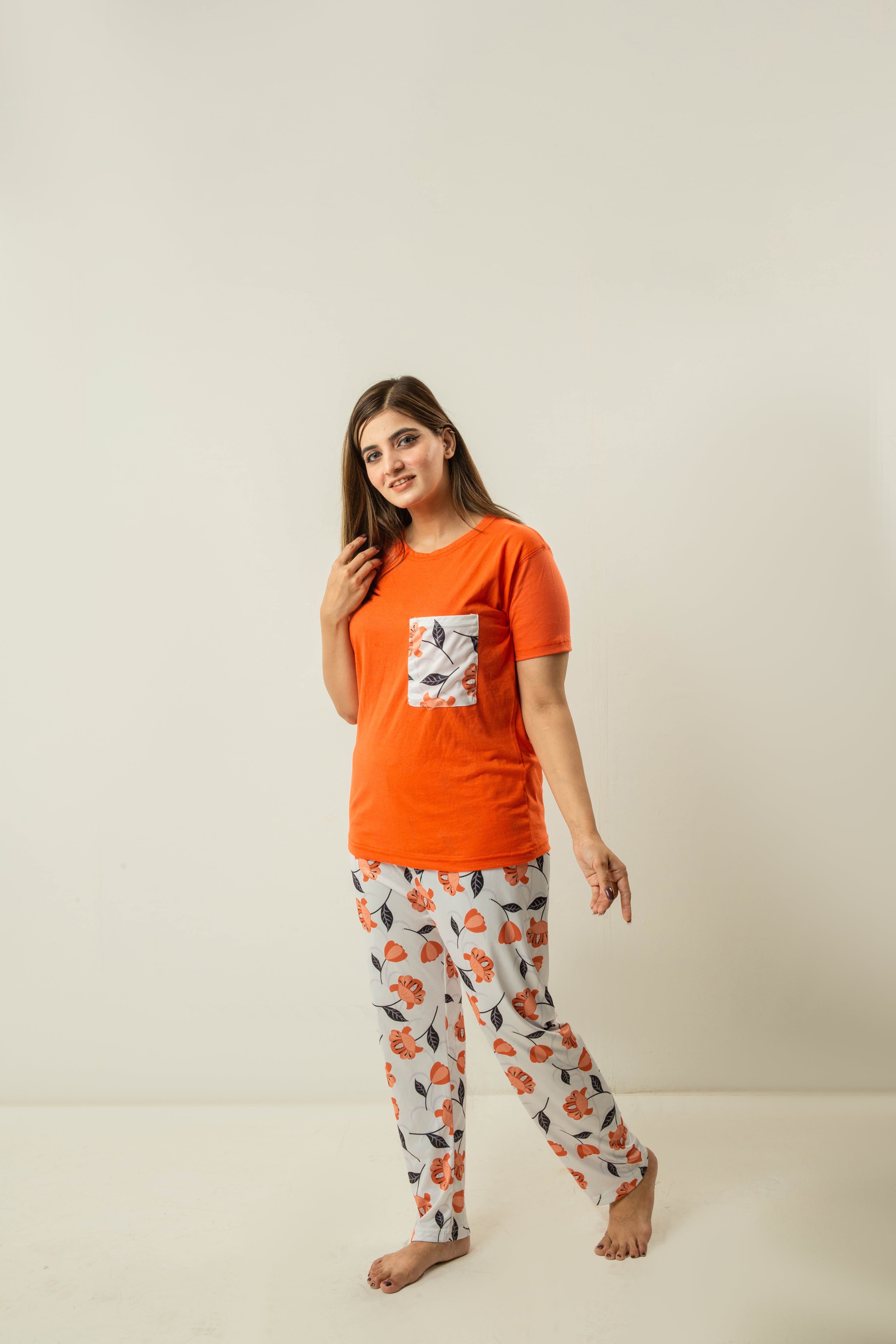 Womens Orange Contrast Pockets Sleepwear With Matching Pjs