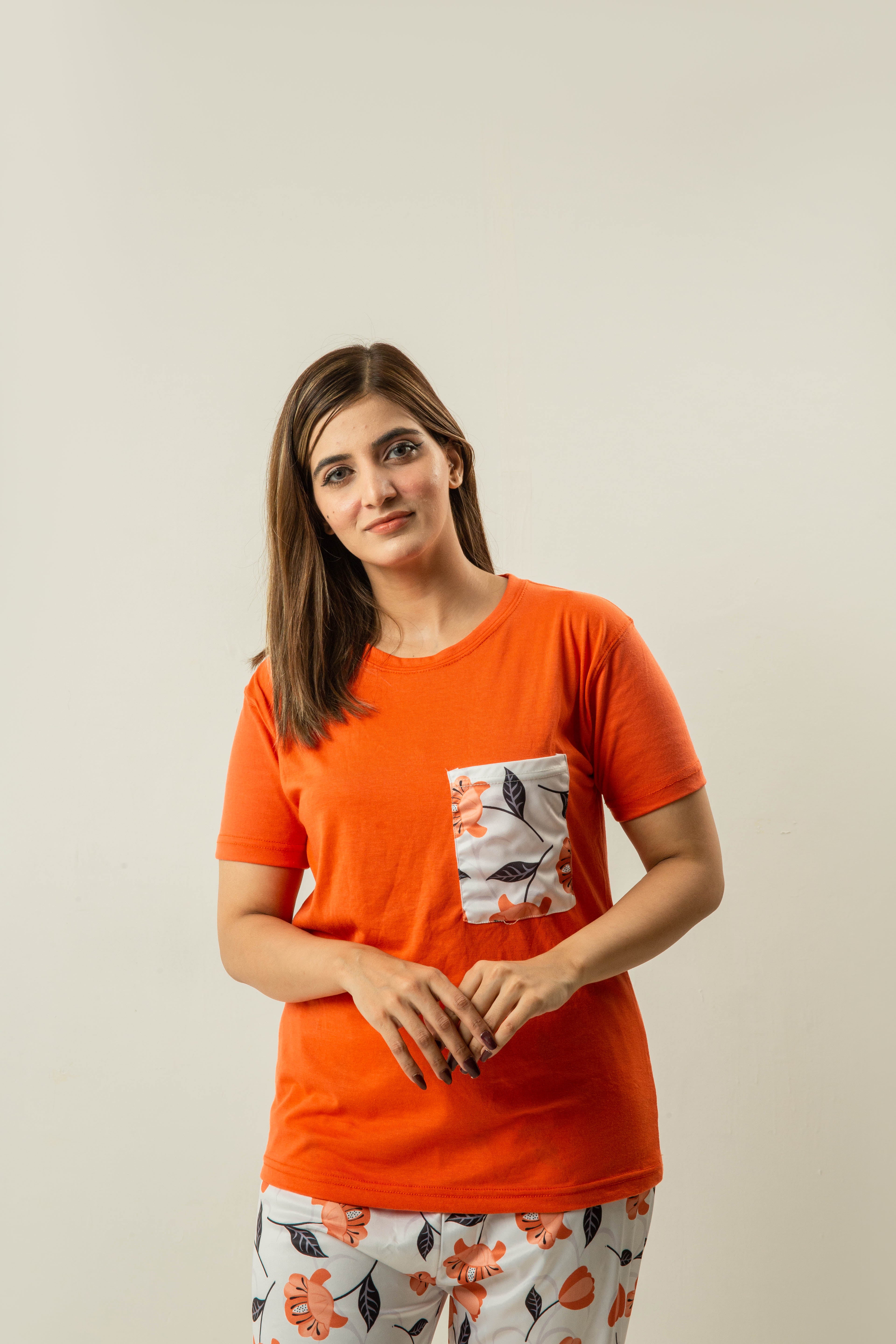 Womens Orange Contrast Pockets Sleepwear With Matching Pjs