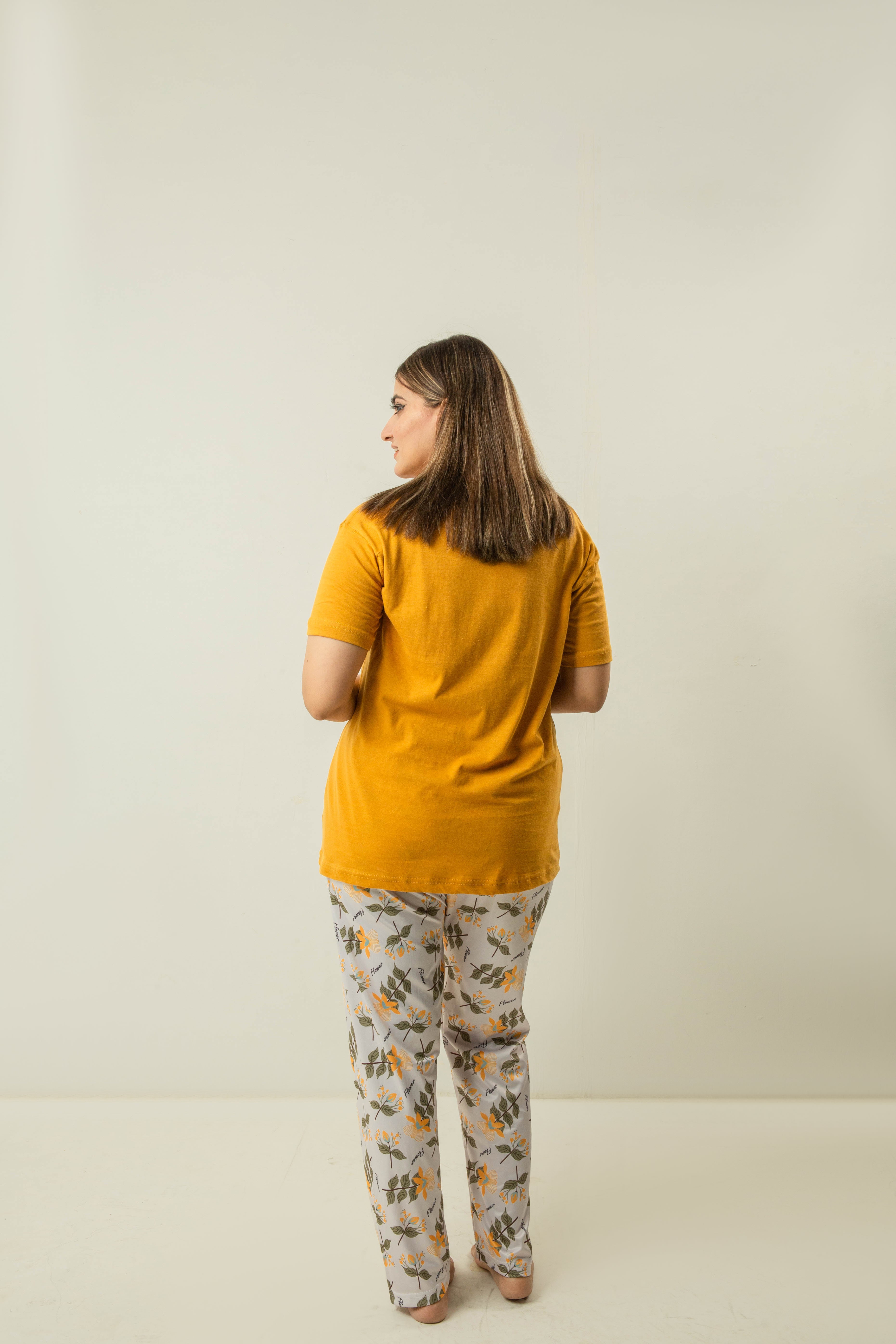 Mustard Yellow Contrast  Pocket Sleepwear With Matching Pjs