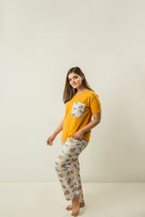 Mustard Yellow Contrast  Pocket Sleepwear With Matching Pjs