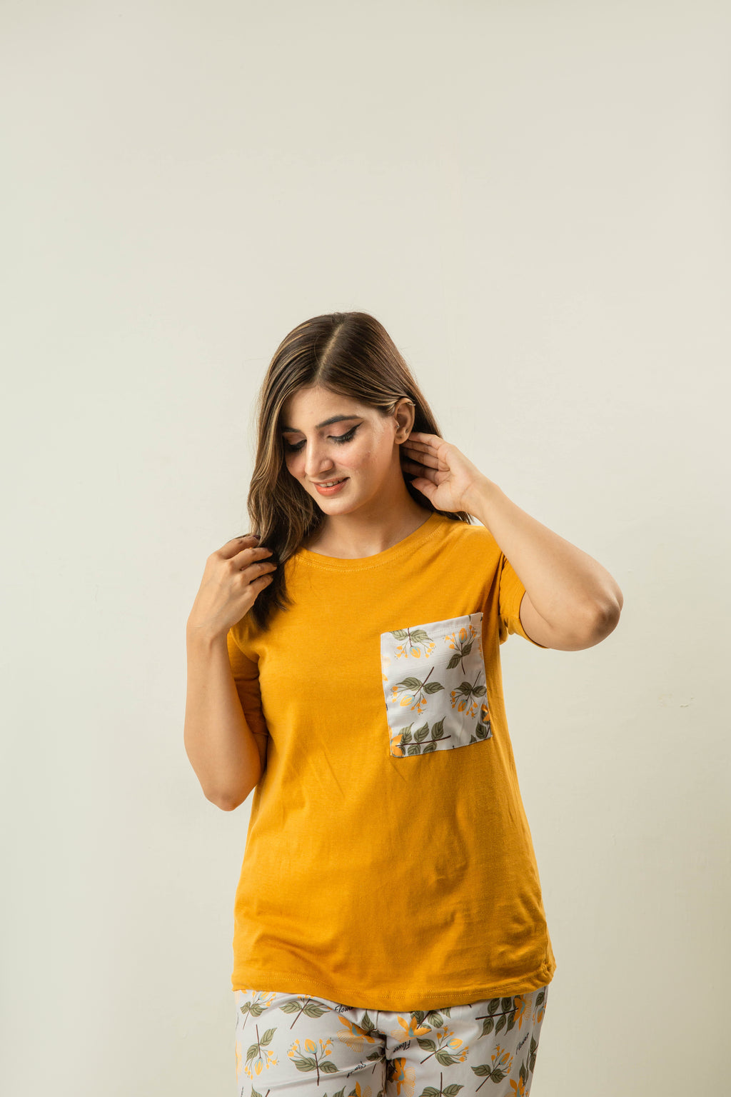 Mustard Yellow Contrast  Pocket Sleepwear With Matching Pjs