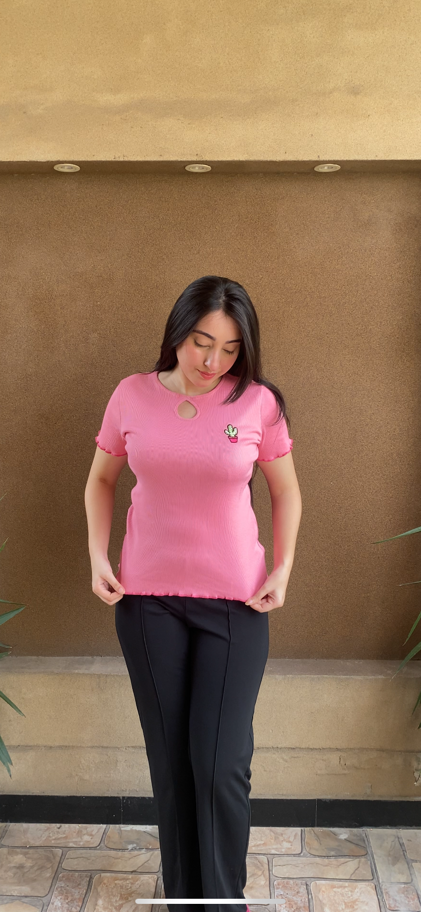 Pink Cute Summer Lettuce Trim Top