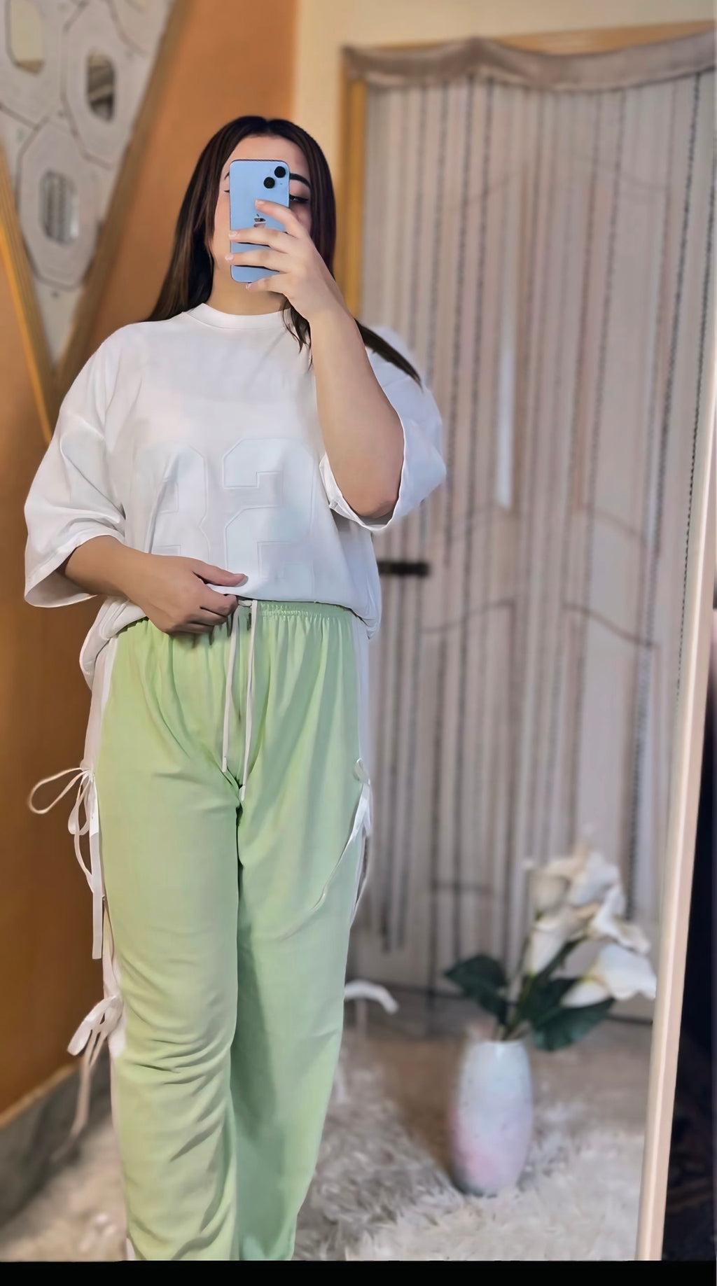 Womens Oversized Top with Bow-Tied Bottoms - Green