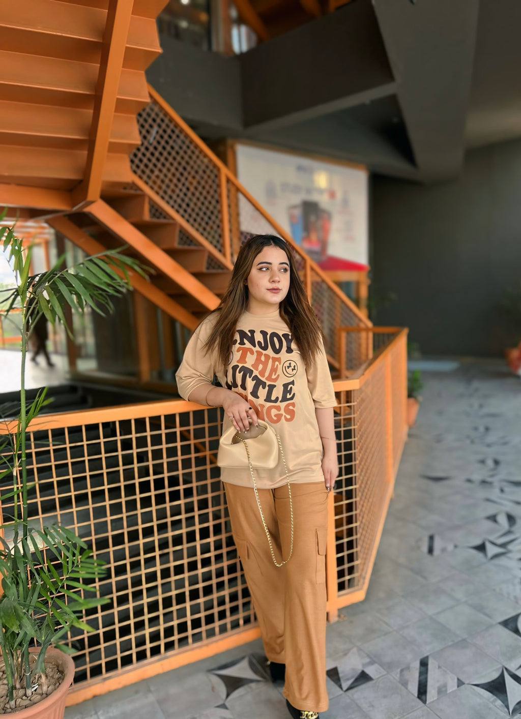 Women’s Beige “Enjoy Little Things” Oversized T-Shirt & Brown Cargo Trouser Set