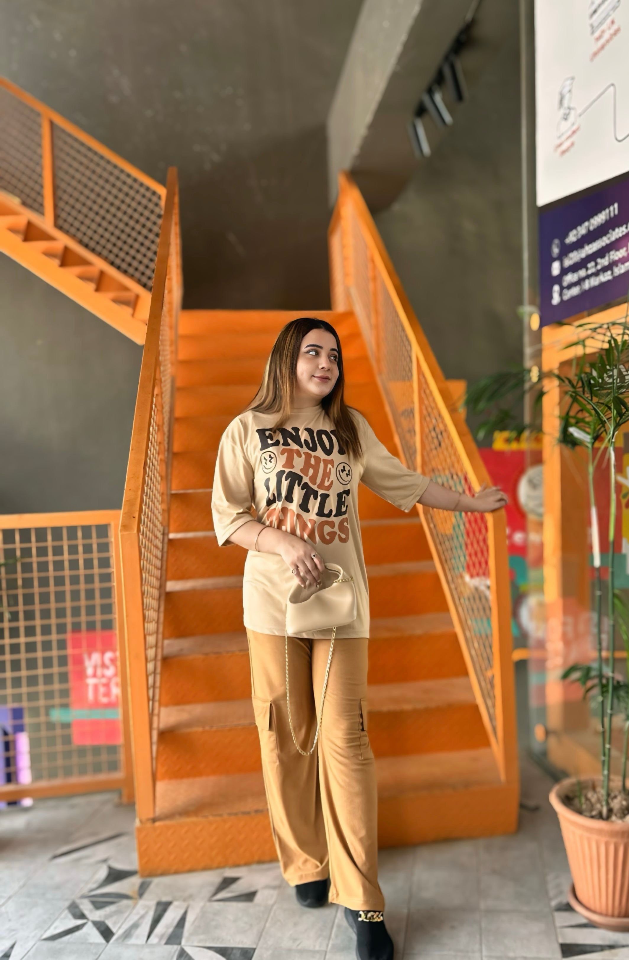 Women’s Beige “Enjoy Little Things” Oversized T-Shirt & Brown Cargo Trouser Set