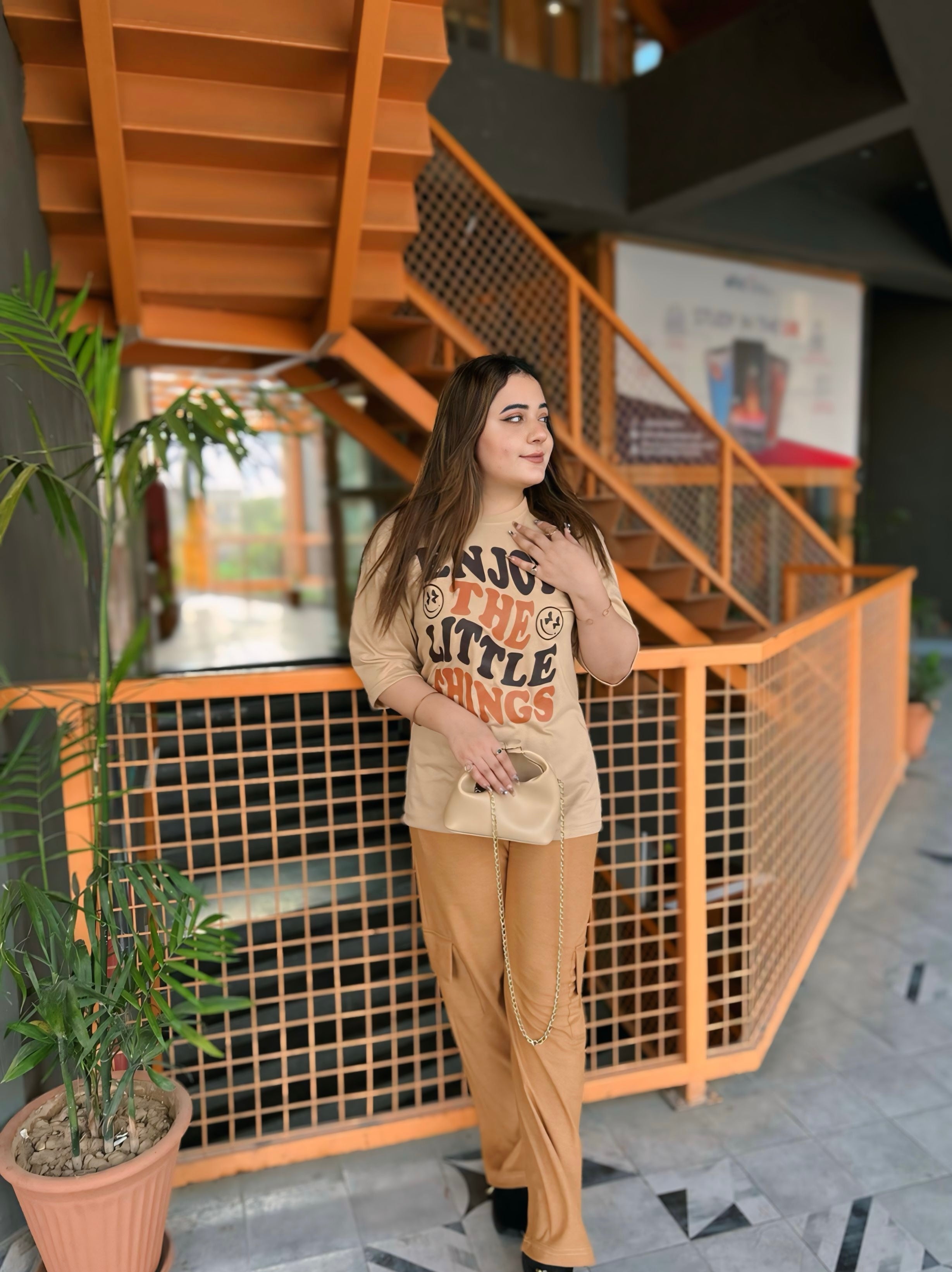 Women’s Beige “Enjoy Little Things” Oversized T-Shirt & Brown Cargo Trouser Set