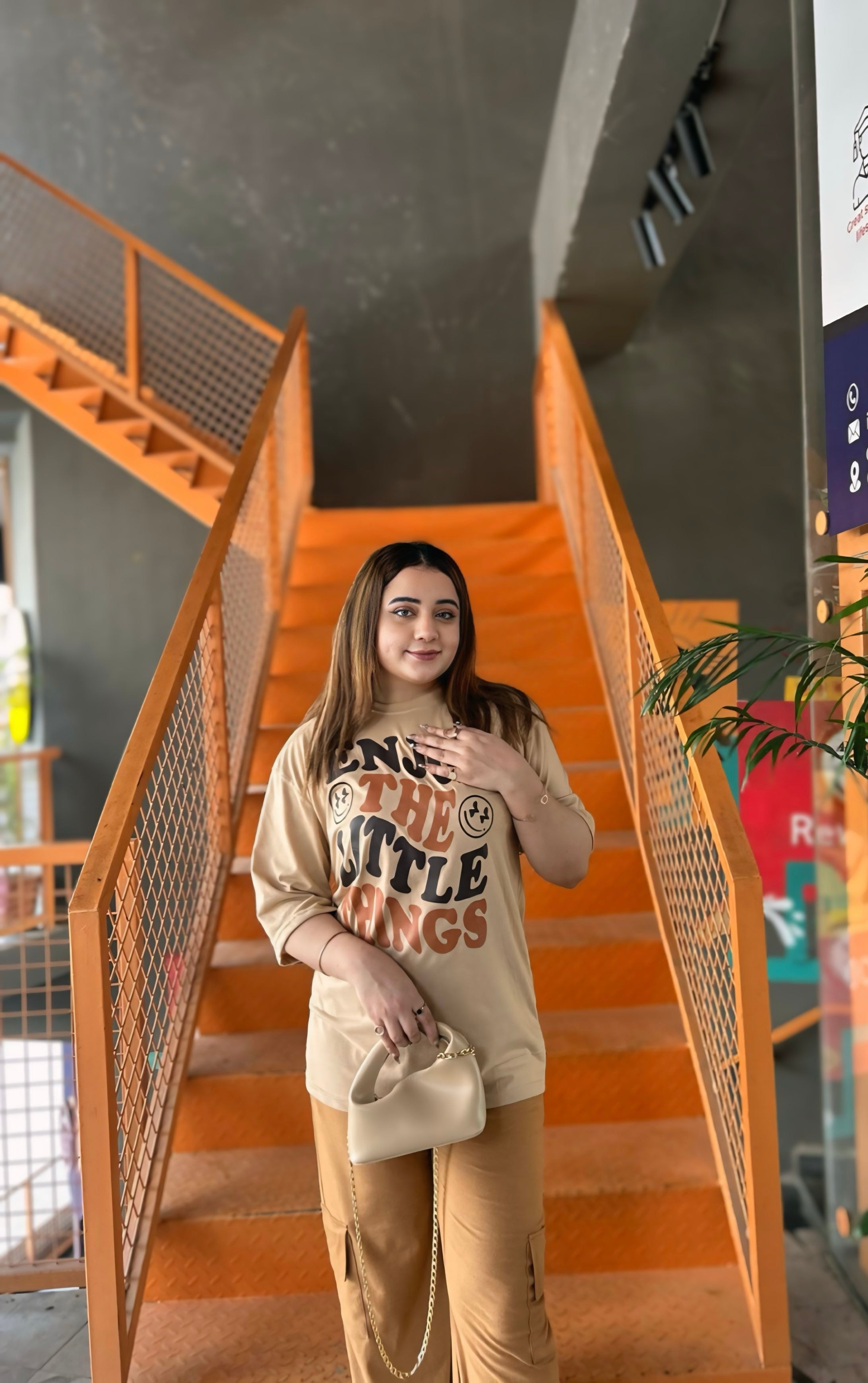 Women’s Beige “Enjoy Little Things” Oversized T-Shirt & Brown Cargo Trouser Set