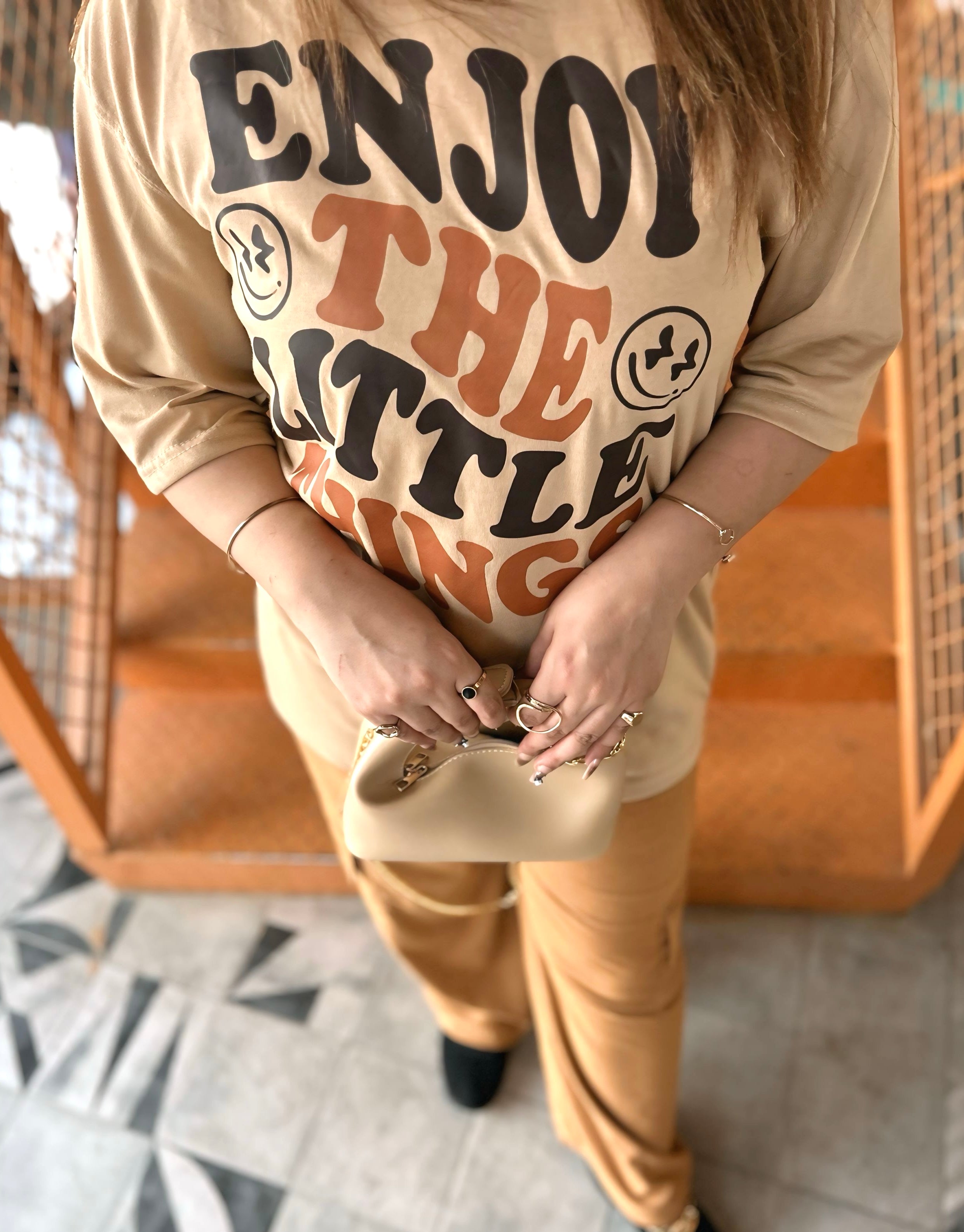 Women’s Beige “Enjoy Little Things” Oversized T-Shirt & Brown Cargo Trouser Set