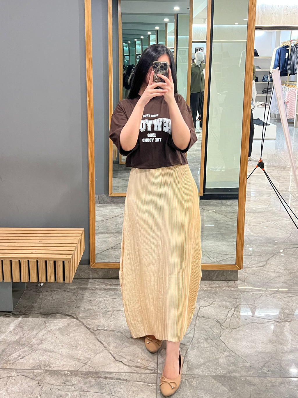 Brown Oversized Croptop With Pleated Silk Skirt - Silk & Swag Set