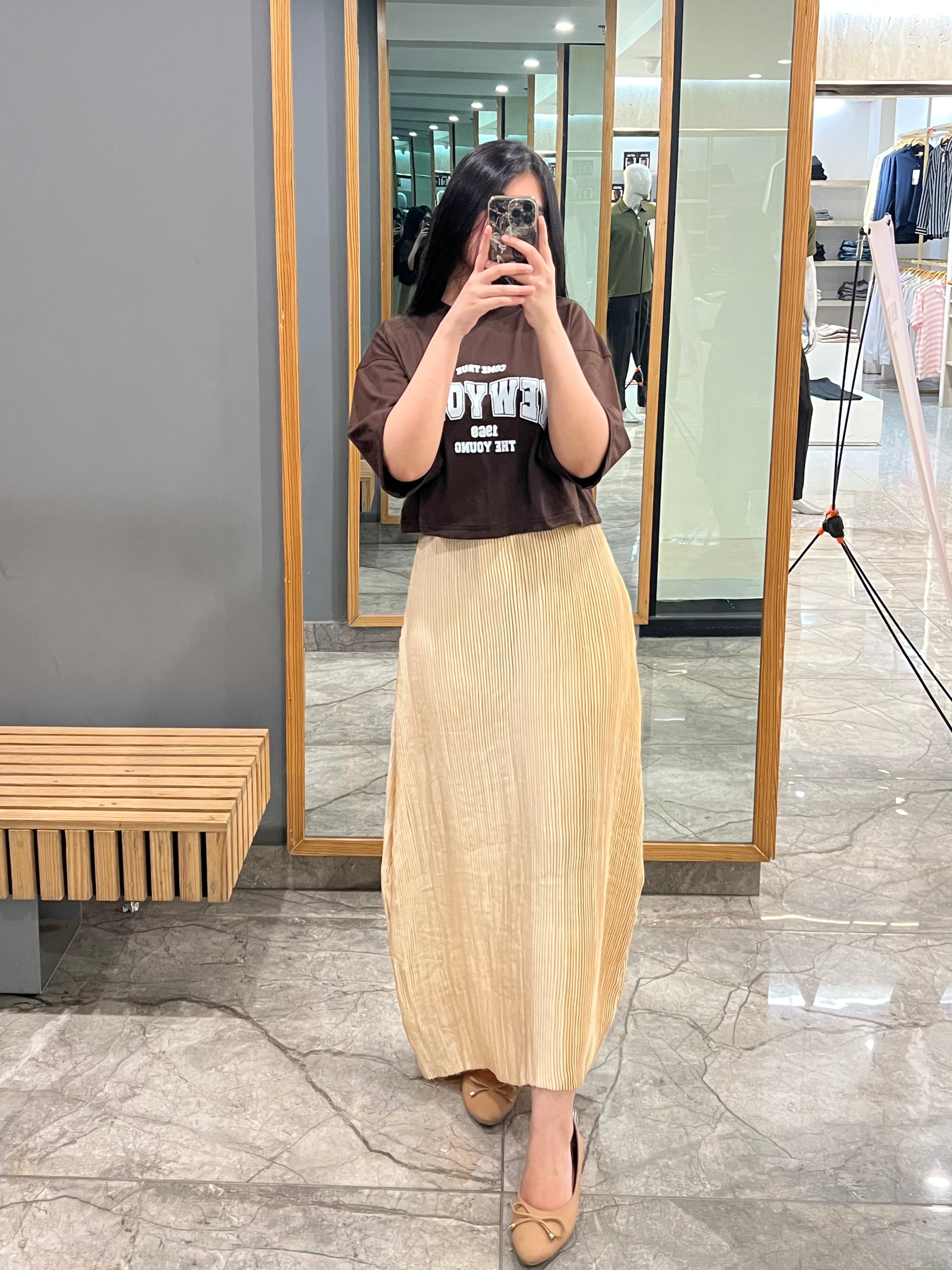 Brown Oversized Croptop With Pleated Silk Skirt - Silk & Swag Set