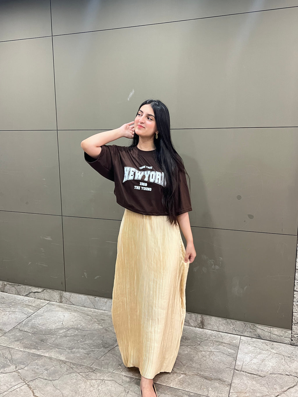 Brown Oversized Croptop With Pleated Silk Skirt - Silk & Swag Set
