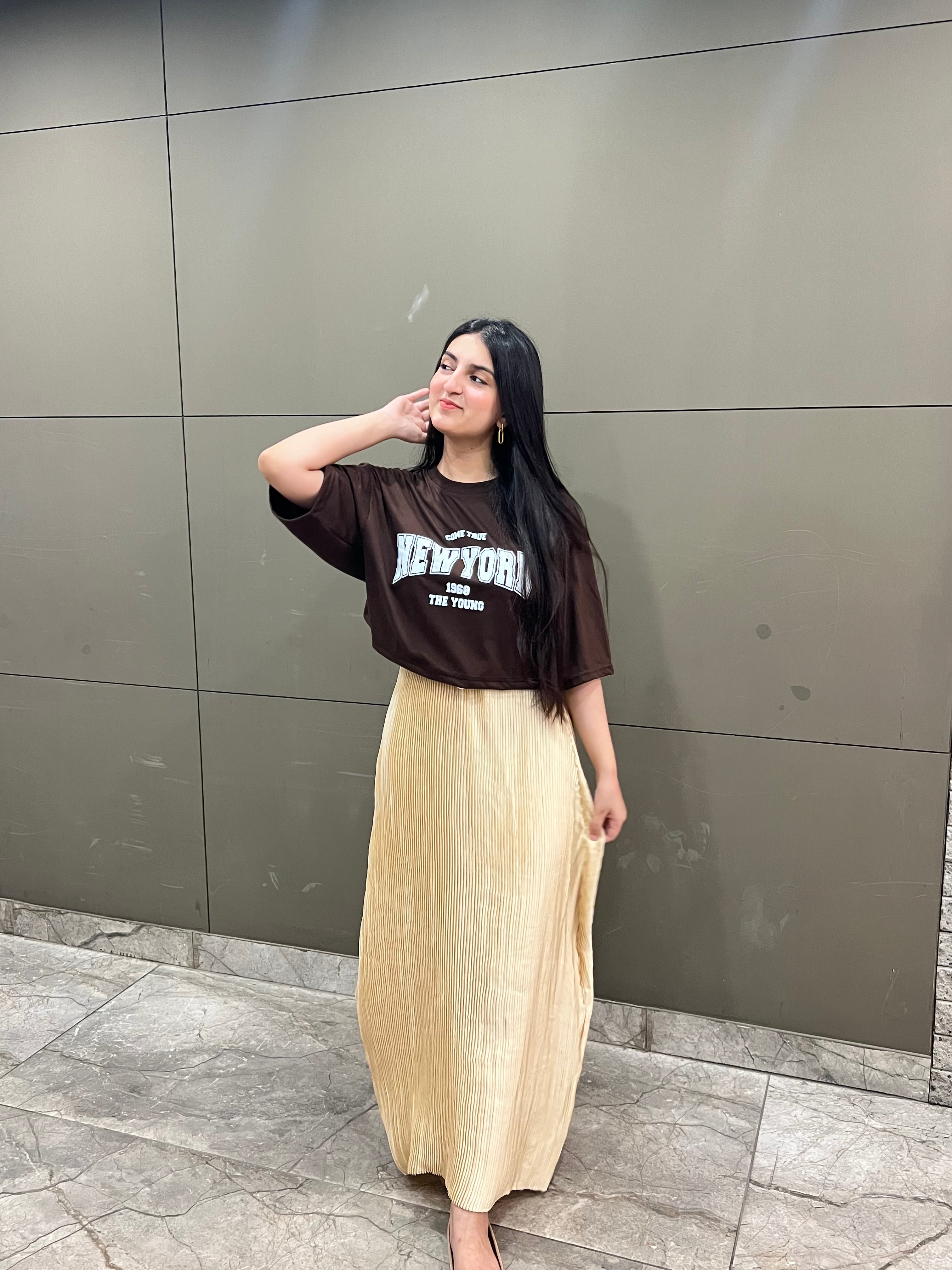 Brown Oversized Croptop With Pleated Silk Skirt - Silk & Swag Set