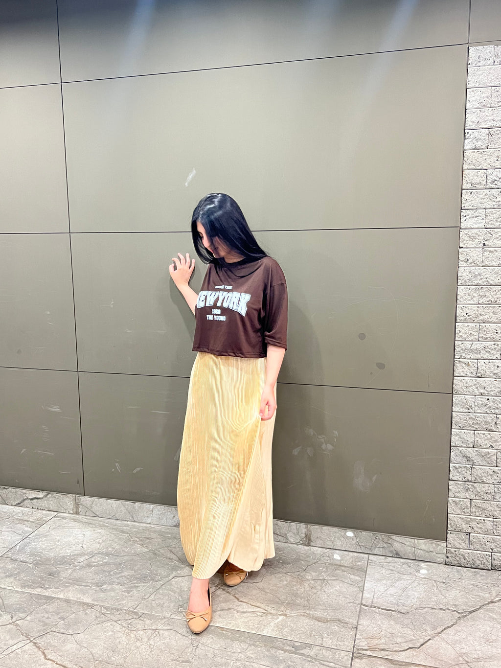 Brown Oversized Croptop With Pleated Silk Skirt - Silk & Swag Set