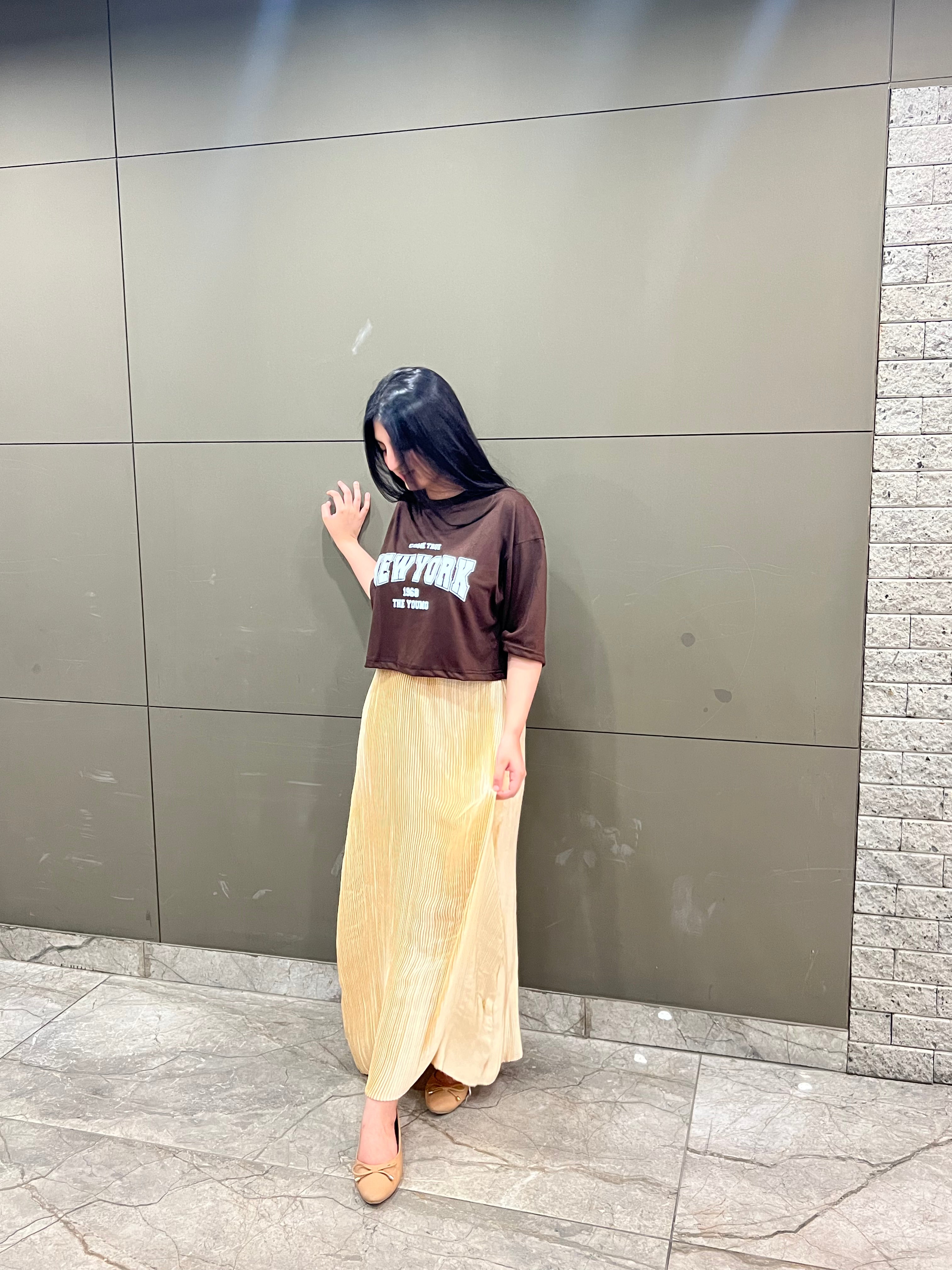 Brown Oversized Croptop With Pleated Silk Skirt - Silk & Swag Set