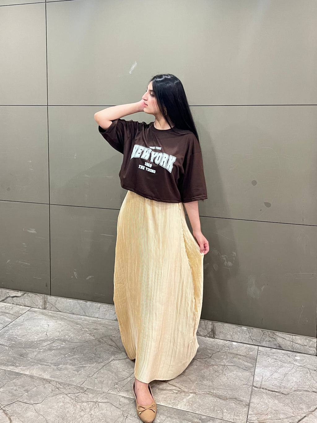 Brown Oversized Croptop With Pleated Silk Skirt - Silk & Swag Set