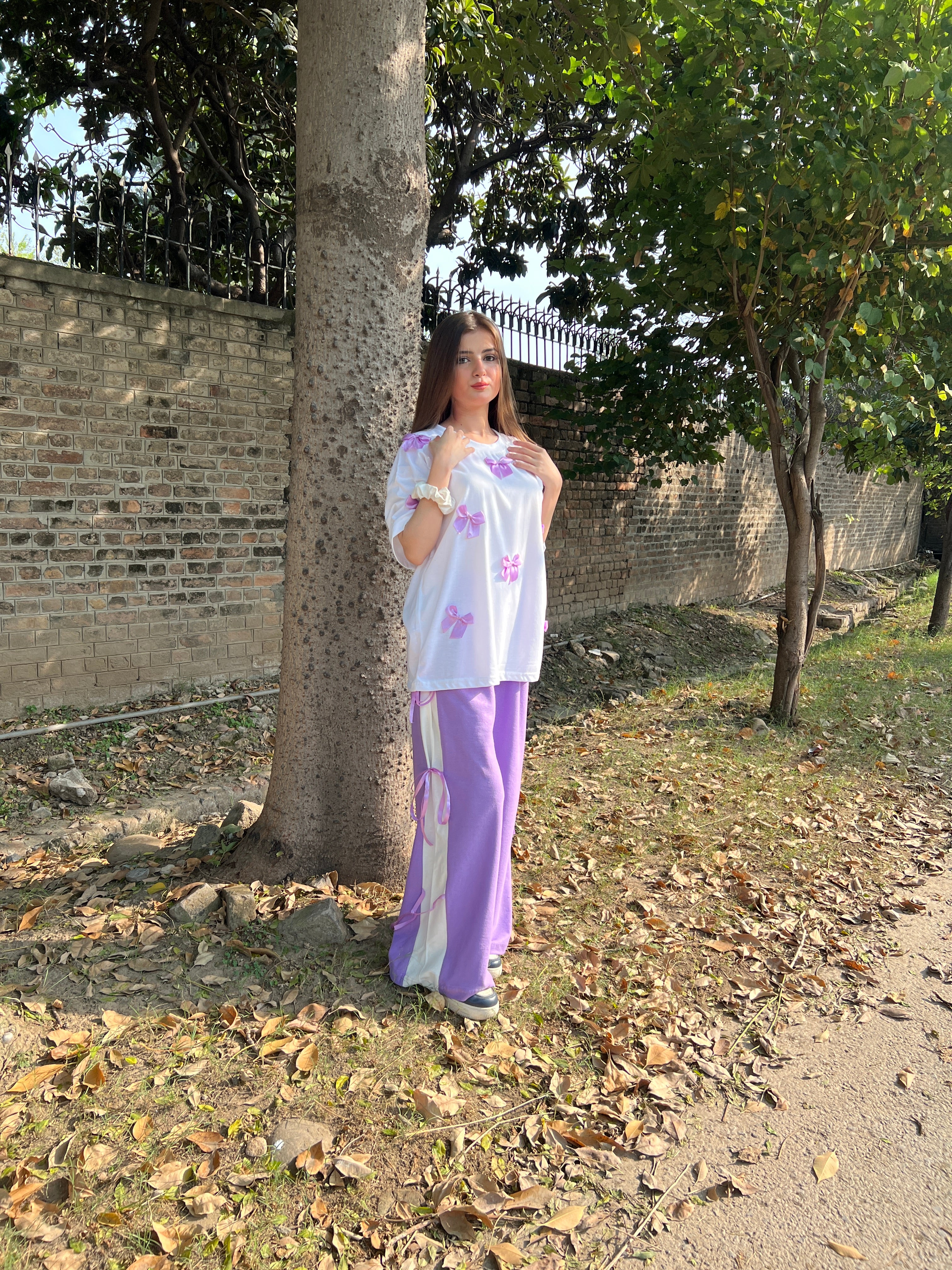Bow All Over Drop Shoulder Tee Paired with Contrast Ribbon Wide-Leg Trousers - Lilac