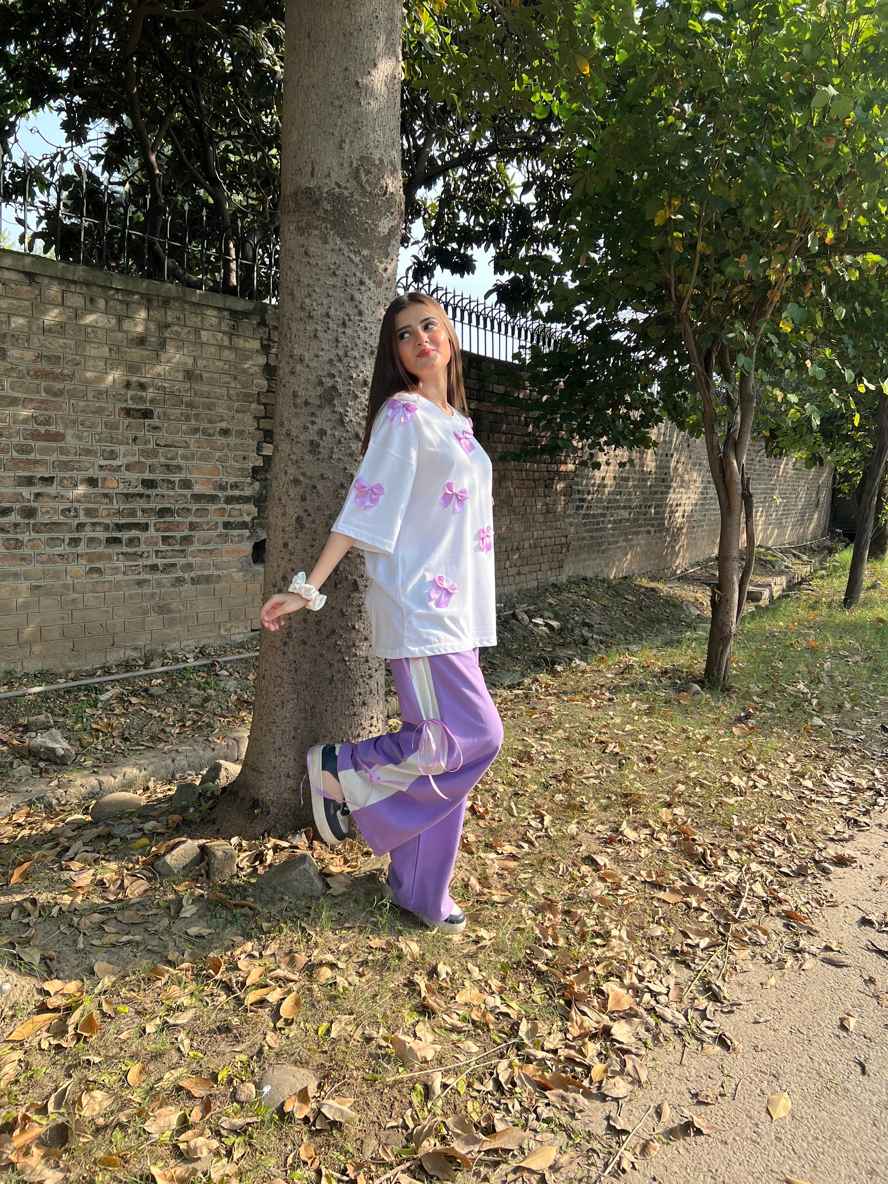 Bow All Over Drop Shoulder Tee Paired with Contrast Ribbon Wide-Leg Trousers - Lilac