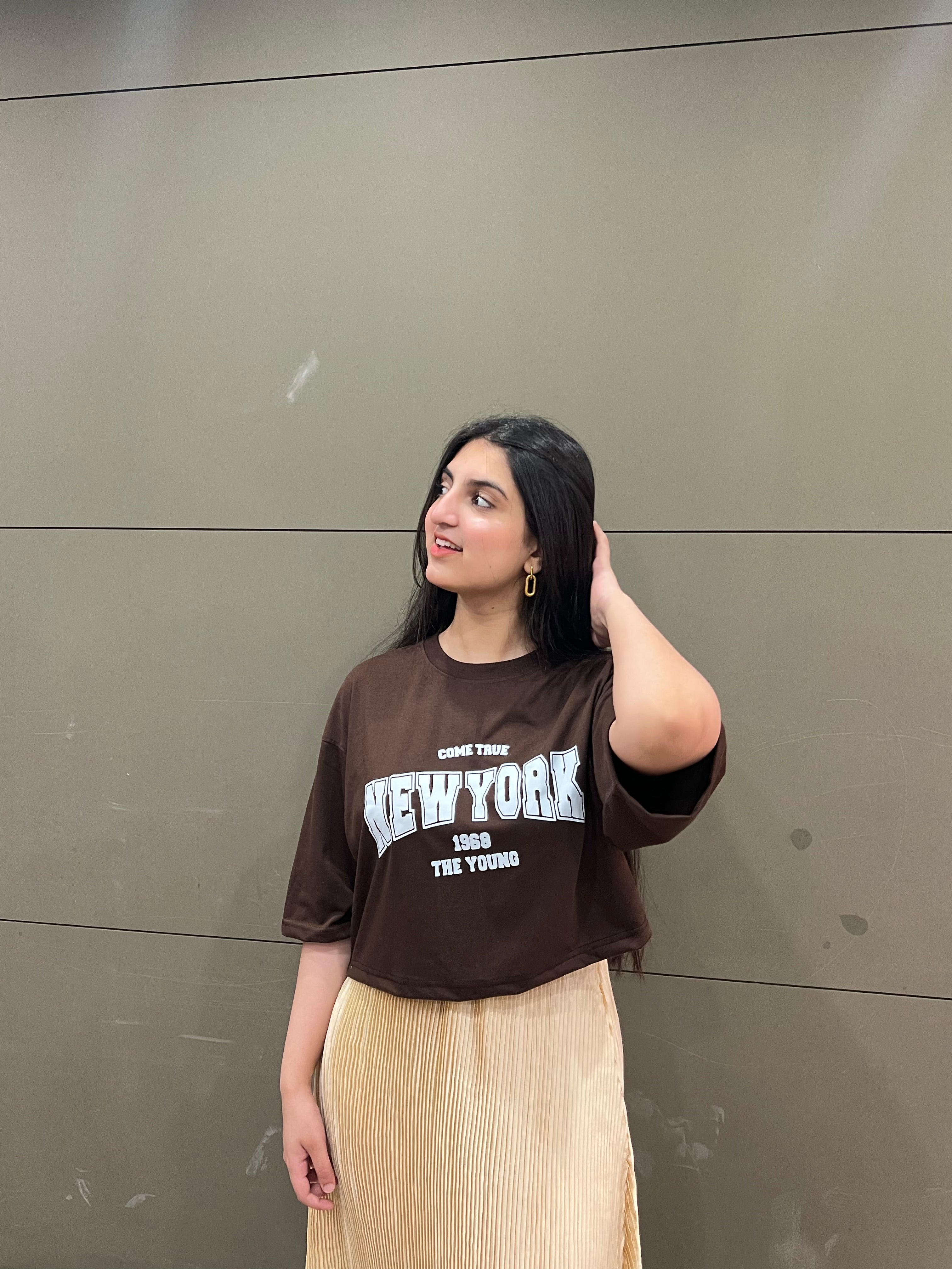 Brown Oversized Croptop With Pleated Silk Skirt - Silk & Swag Set