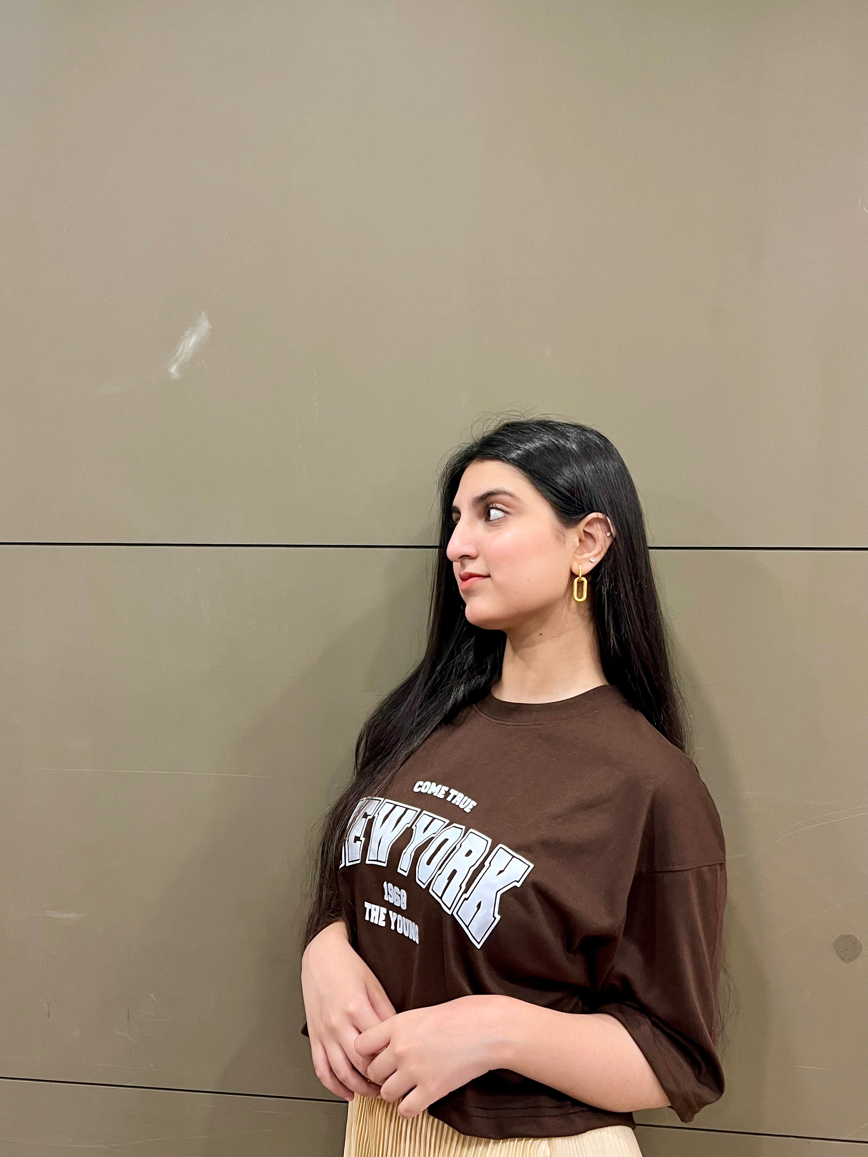 Brown Oversized Croptop With Pleated Silk Skirt - Silk & Swag Set