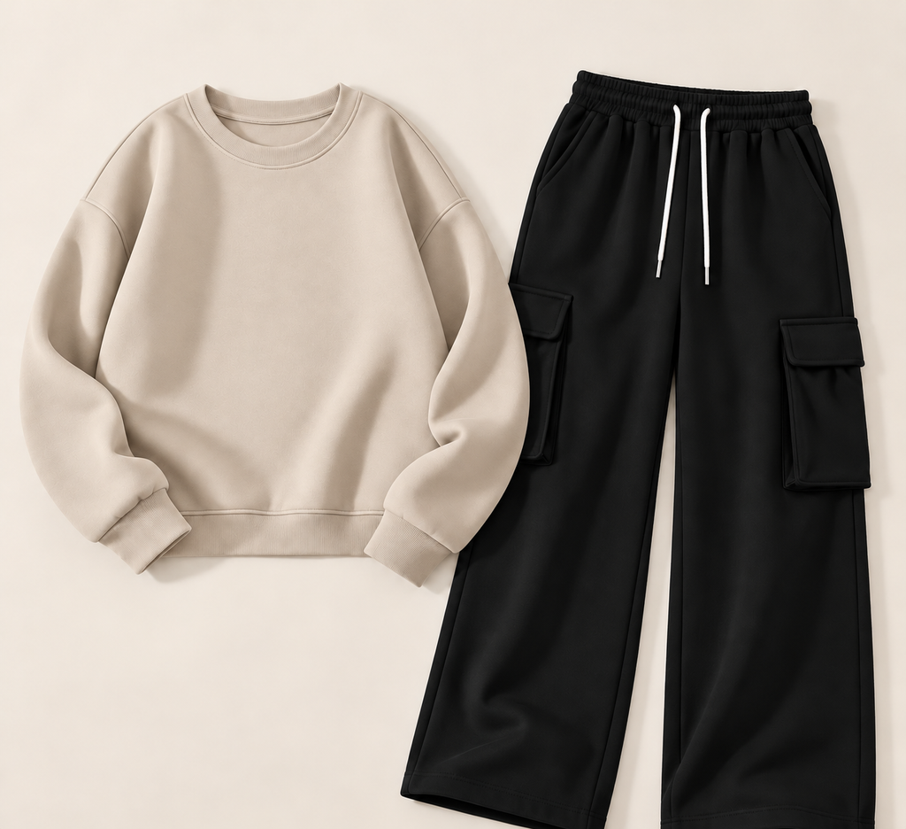 Pack of 2 – Women's Fleece Basic Sweatshirt & Black Wide-Leg Cargo Trouser Set
