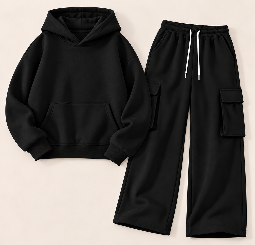 Pack of 2 – Women's Fleece Hoodie & Black Wide-Leg Cargo Trouser Set