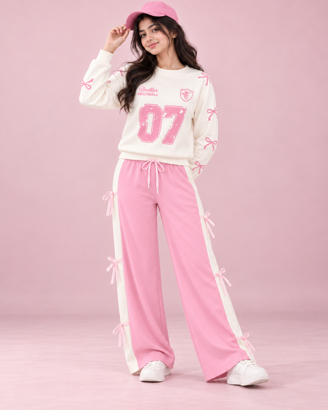 White 07 Ribbon Printed Sweatshirt Paired With Cute Ribbon Trouser