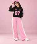 Black 07 Ribbon Printed Sweatshirt Paired With Cute Pink Ribbon Trouser Set