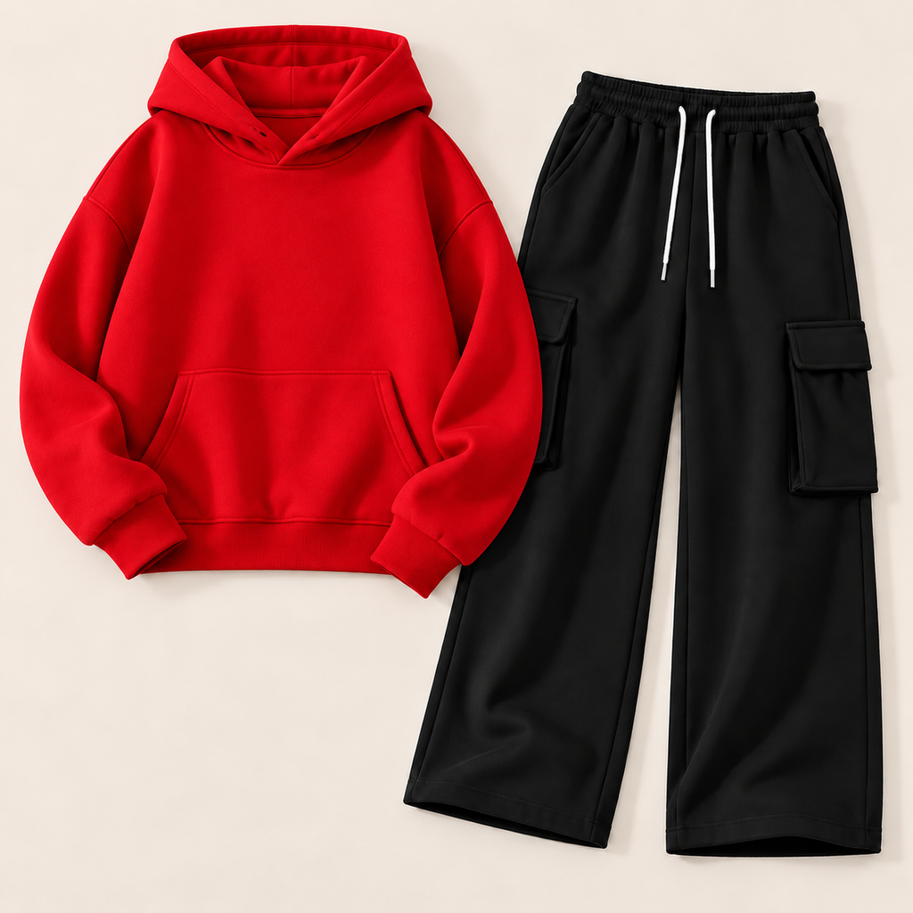 Pack of 2 – Women's Fleece Hoodie & Black Wide-Leg Cargo Trouser Set