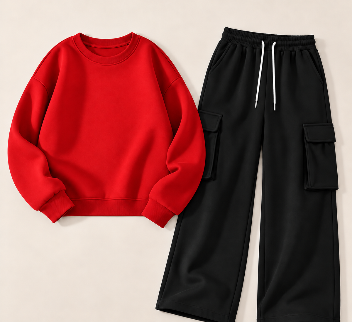 Pack of 2 – Women's Fleece Basic Sweatshirt & Black Wide-Leg Cargo Trouser Set