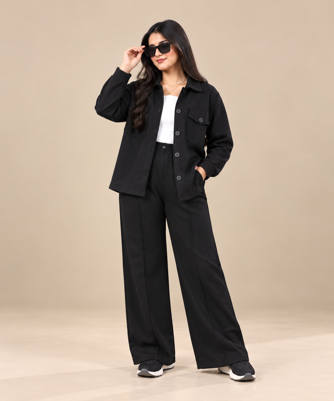 Womens Black Flap Pocket Fleece Cord Set