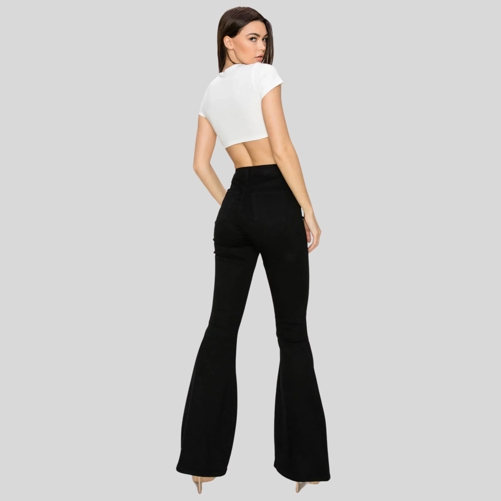 WOMENS HIGH WAISTED STRETCHY BELL BOTTOM JEANS BLACK