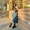 Women's Denim Midi Skirt - Denim Skirt With Slit - Ankle Length
