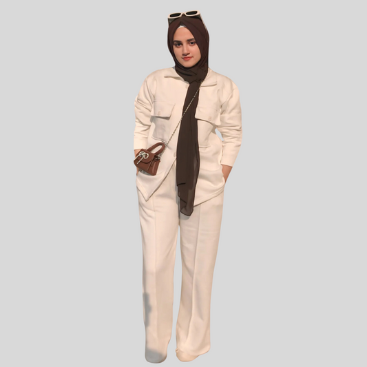 Women's White Flap Pocket Fleece Cord Set