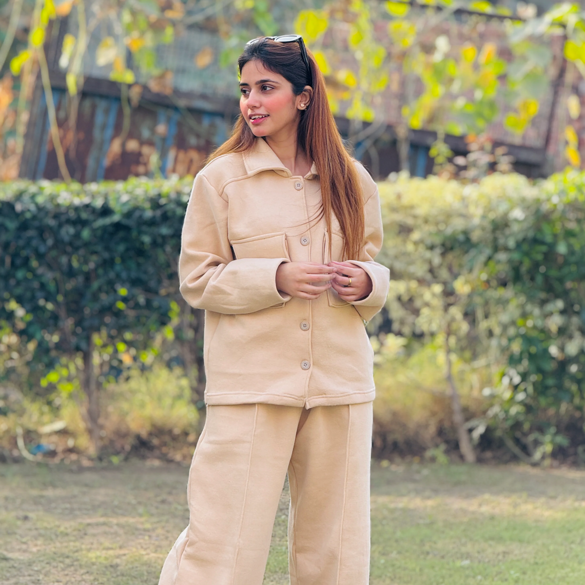 Womens Beige  Flap Pocket Fleece Coord Set for Women