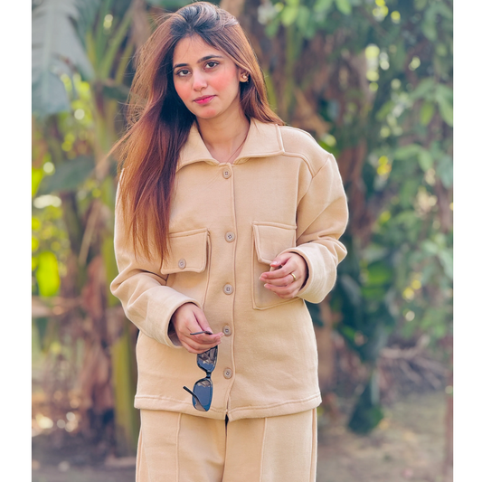 Womens Beige  Flap Pocket Fleece Coord Set for Women