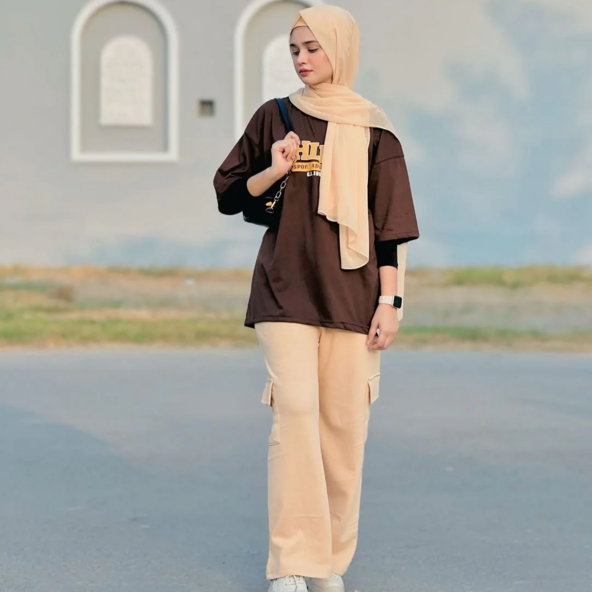 Womens Dark Brown Oversized Tshirt And Cargo Wide Leg Trouser coord Set