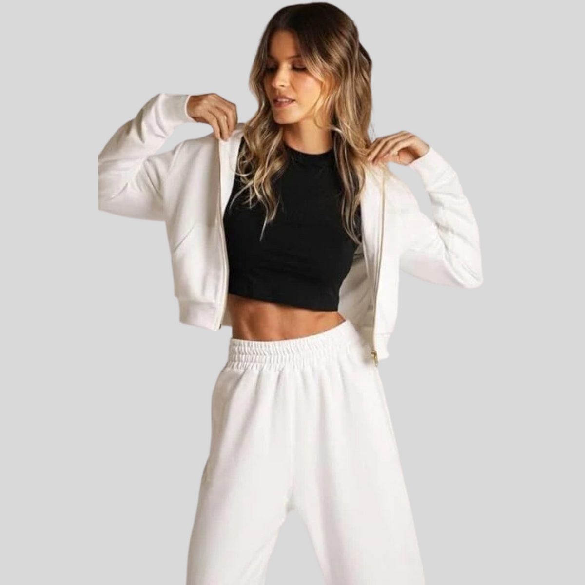 Chic White Zipper Crop Hoodie