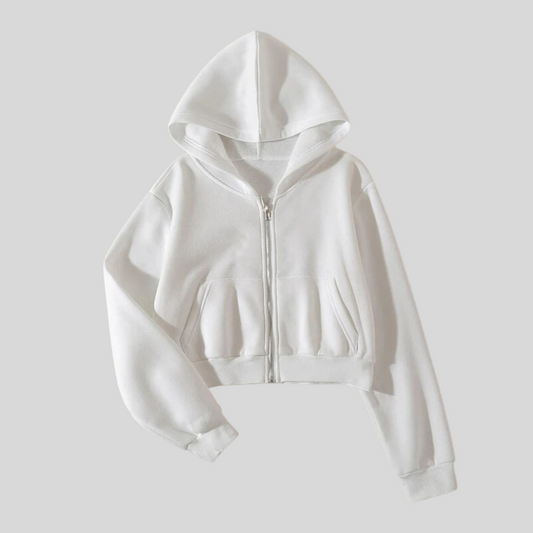 Chic White Zipper Crop Hoodie