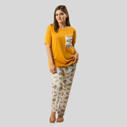 Mustard Yellow Contrast  Pocket Sleepwear With Matching Pjs