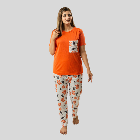 Womens Orange Contrast Pockets Sleepwear With Matching Pjs