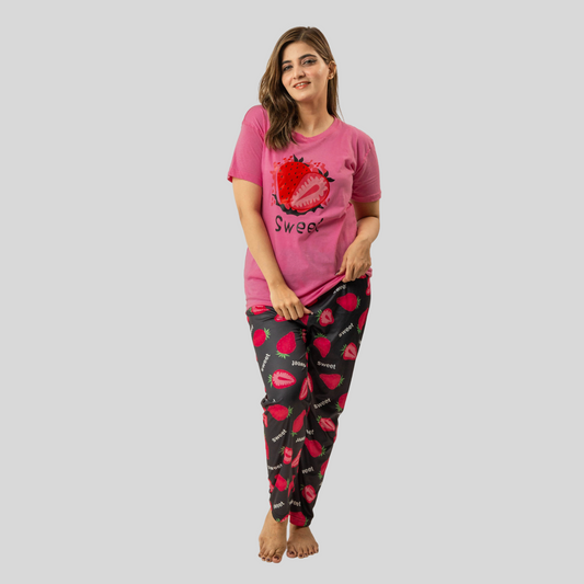 Womens Strawberry Printed Sleepwear With Matching Pjs