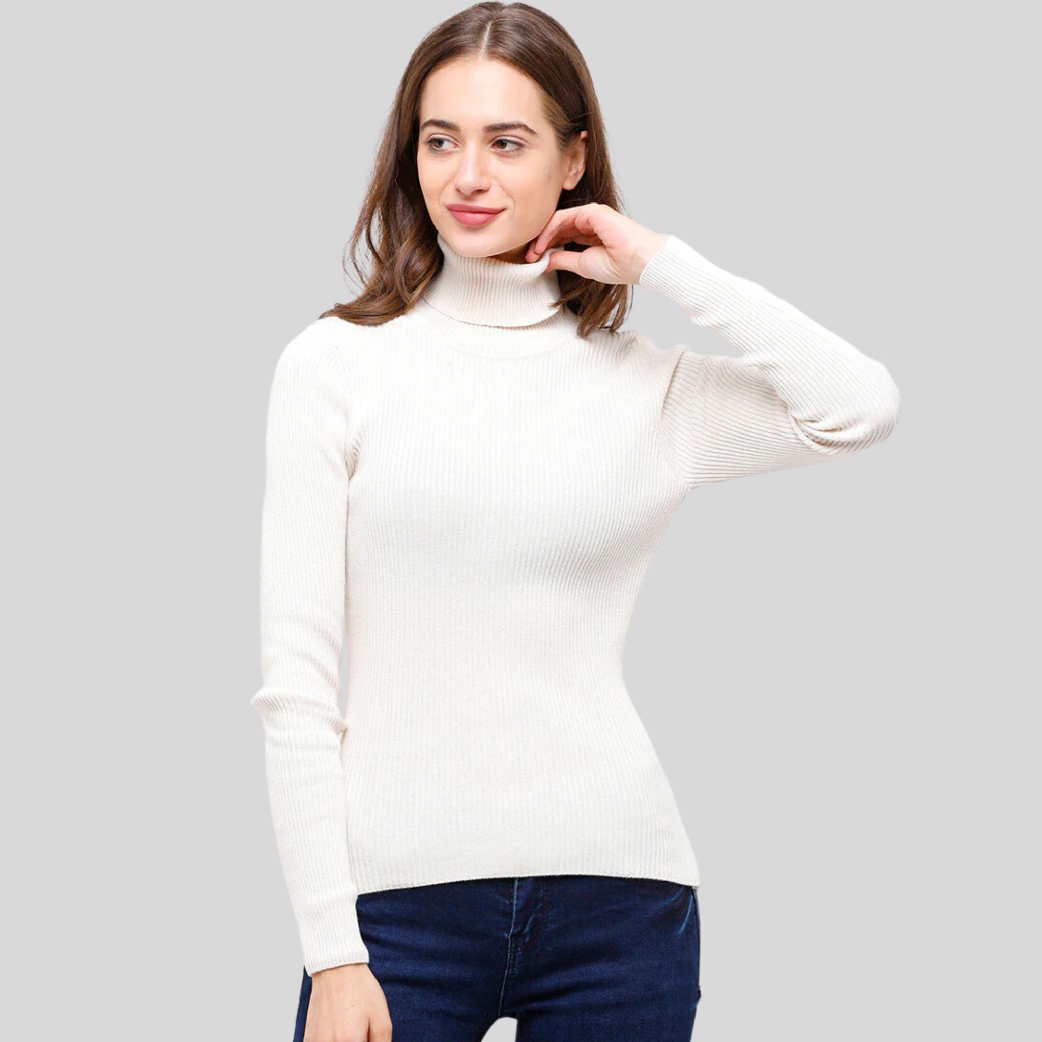 Perfect Comfort White Ribbed Long Sleeve Turtleneck Top