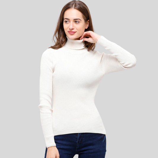 Perfect Comfort White Ribbed Long Sleeve Turtleneck Top