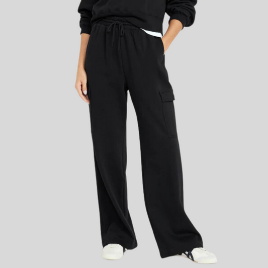 Women's Black Flap Pocket Side Cargo Trouser Drawstring Waist Wide Leg Pants