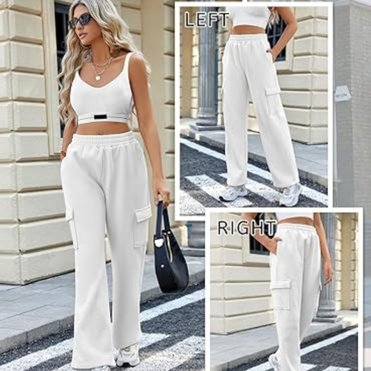 Womens White Drawstring Flap Pocket Cargo Trouser