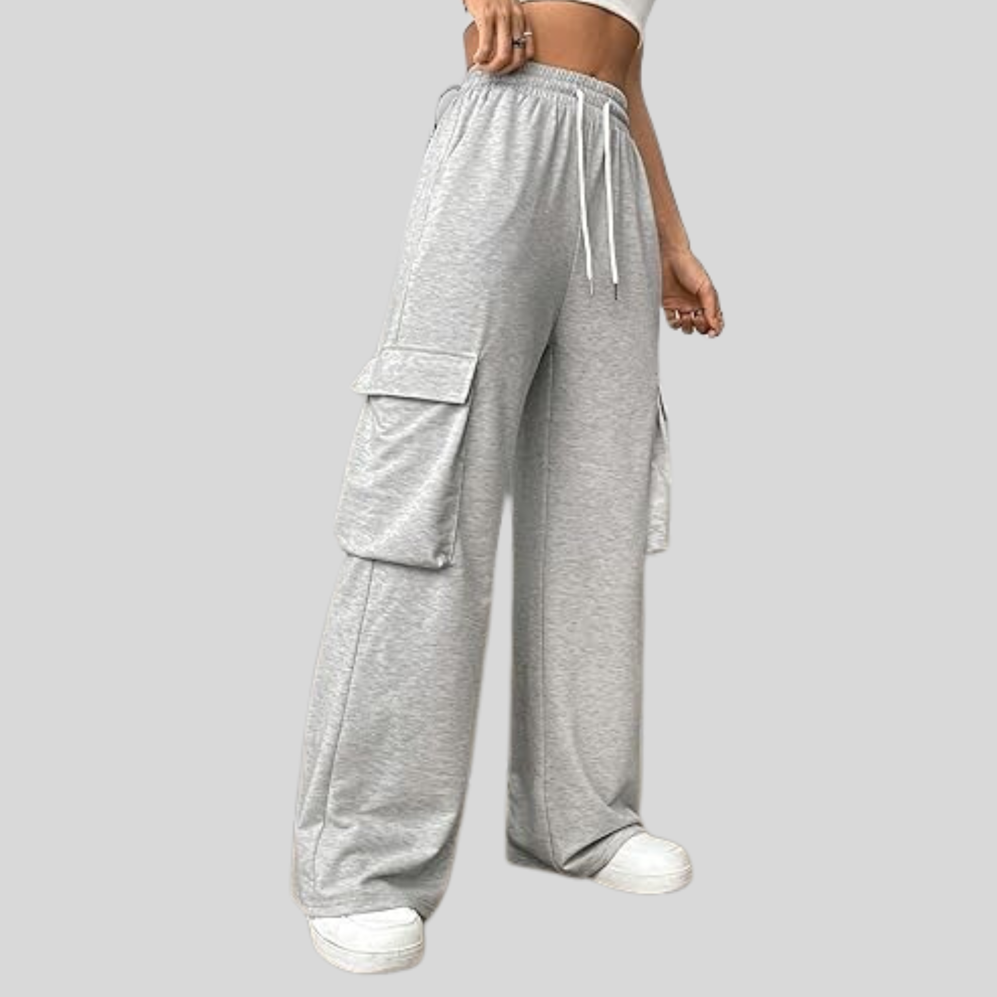 Women's Grey Flap Pocket Side Cargo Sweatpants Drawstring Waist Straight Leg Pants
