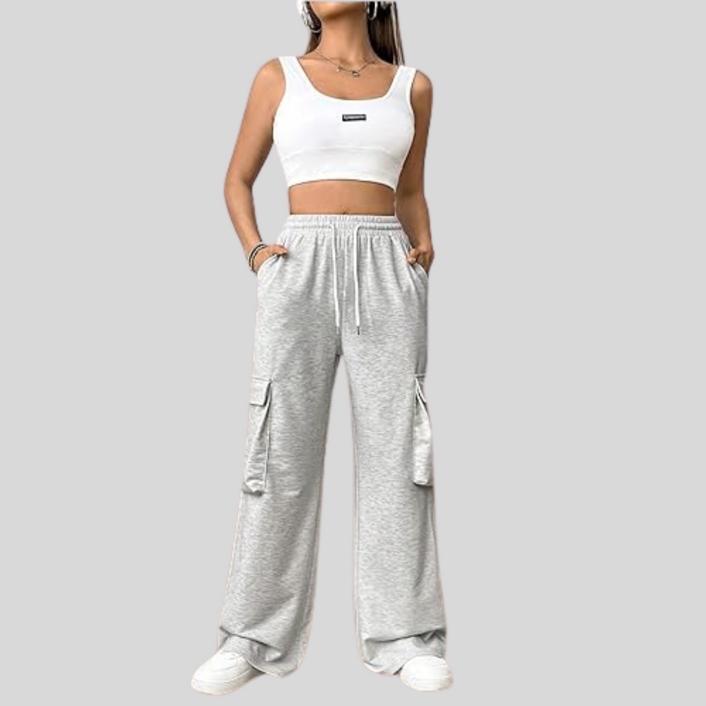 Women's Grey Flap Pocket Side Cargo Sweatpants Drawstring Waist Straight Leg Pants