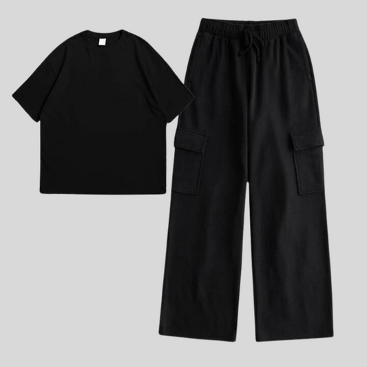 PACK OF BLACK TSHIRT & BLACK CARGO WIDE LEG TROUSER